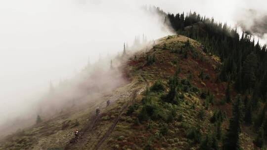 航拍森林里骑山地自行车的人