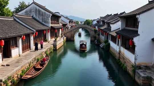 江南水乡古镇河道与民居景象