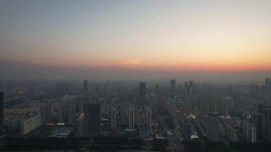 山东日照城市夕阳晚霞日落航拍