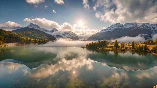 山间湖泊自然风光全景