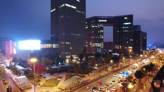 航拍夜晚金华城区道路街道路口交通车流夜景