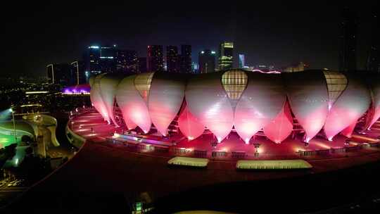 杭州滨江区奥体中心大莲花碗体育馆夜景航拍