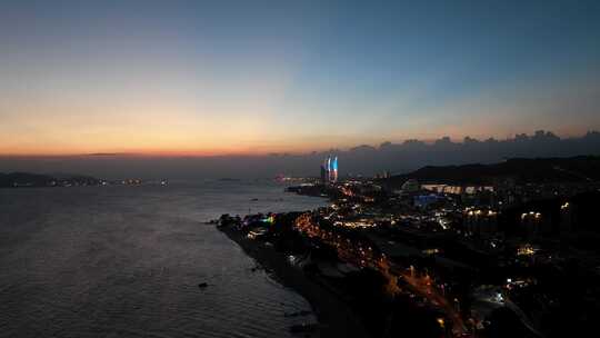 厦门夜景环岛路航拍海滨城市风光双子塔晚霞