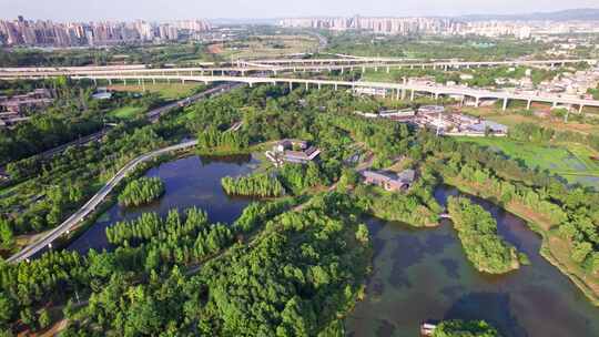 成都白鹭湾湿地公园和城市绿道白昼航拍实时