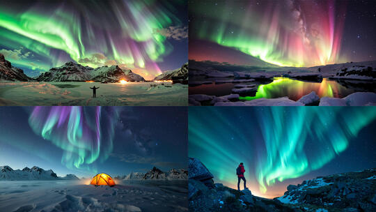 极光极地夜空北极光雪山冰川湖泊森林冰原