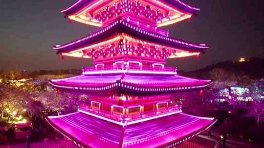 4k合集-武汉市东湖樱花园五重塔夜景航拍视频素材模板下载
