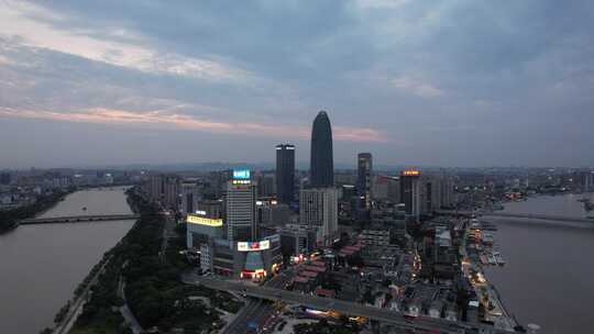 浙江宁波城市晚霞夜幕降临航拍