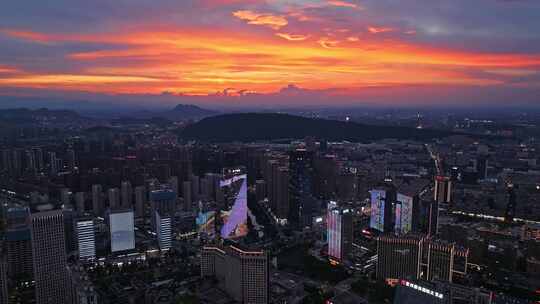 杭州临平CBD晚霞繁华夜景航拍