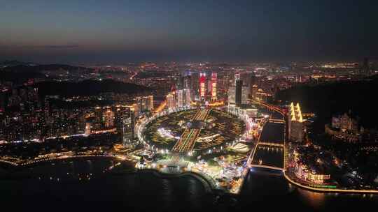 城市繁华夜景 大连星海湾夜景航拍