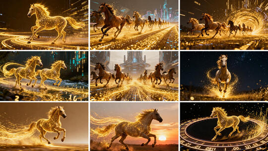 数字骏马 金色骏马奔腾向前金色粒子光影