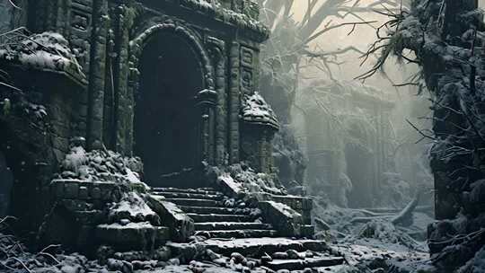 雪地中古老神秘的石质建筑