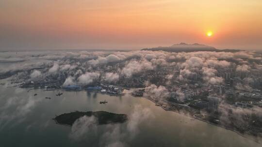 青岛西海岸平流雾壮观航拍视频素材模板下载