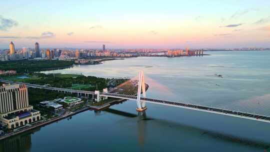 海南海口世纪大桥朝霞城市日出高视角航拍