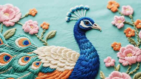 刺绣孔雀花卉图案