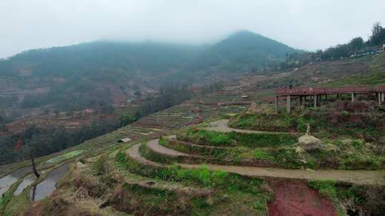 山间梯田与观景栈道风景