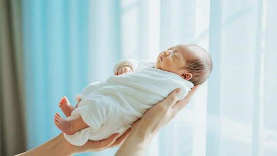 双手托举熟睡的新生儿