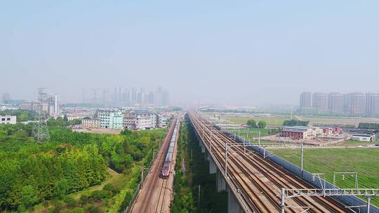 航拍杭州萧山开发区高速电气化铁路高架