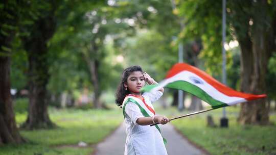 一个可爱的印度小女孩挥舞着三色f庆祝印度