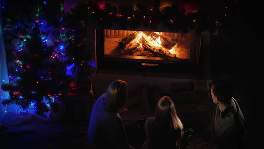圣诞节一家人坐在壁炉旁聊天