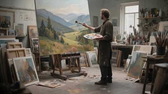 艺术家工作室作画场景