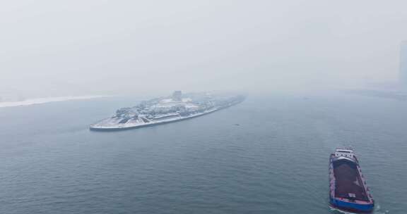 湖南长沙橘子洲头雪景航拍风光