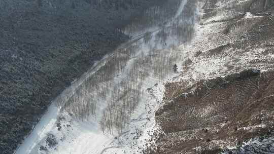 青海互助龙王山雪山树木河流航拍视频