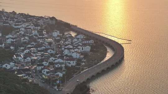 太湖东山岛岱心桥落日美景（航拍素材）