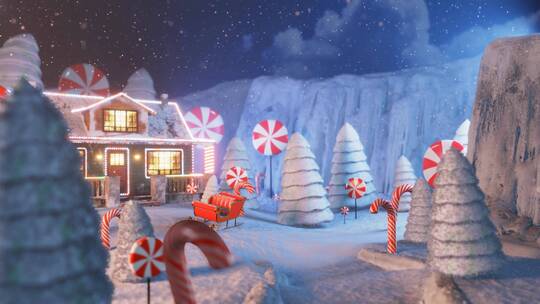 4K圣诞棒棒糖和树飘落的雪节日场景