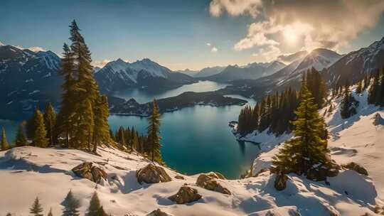 雪山湖泊森林冬季美景