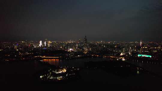 江苏南京玄武湖夜景灯光航拍视频素材模板下载