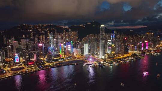 航拍中国香港维多利亚港现代城市夜景