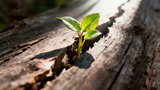 木头上生长的嫩绿植物