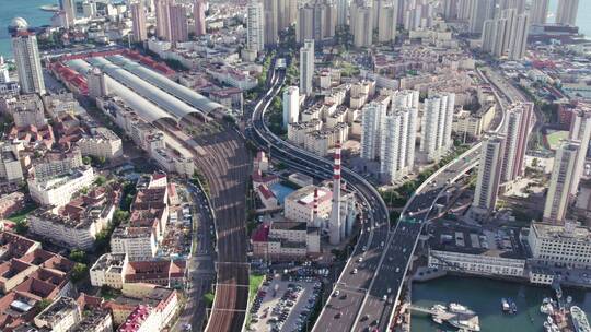 4k 航拍青岛城市道路街景