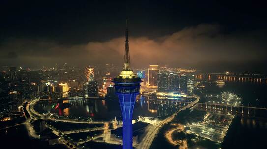 澳门地标-澳门塔-澳门夜景航拍视频素材模板下载