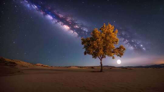 沙漠孤树星空夜景