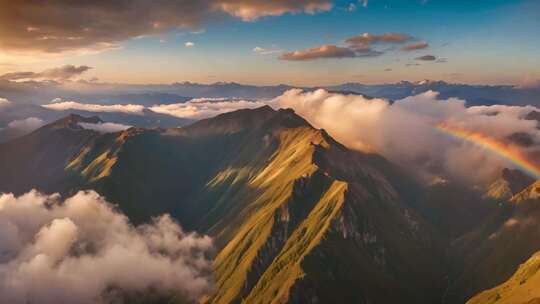 高山云海间的彩虹景观