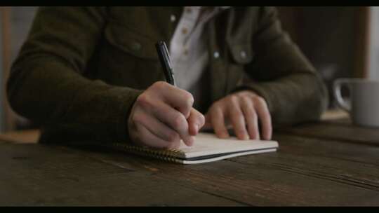 拿着咖啡杯坐在桌子旁在笔记本上写字的人
