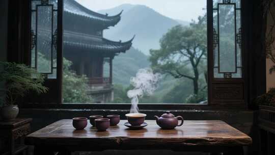 室内中式茶具与窗外景观
