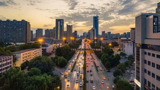 西安二环南路西段火烧云夜景航拍