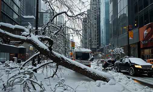 【合集】雪灾大雪天气城市街道树木倒塌景象