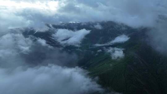 四川甘孜清晨被雾笼罩的稻城亚丁高山风景