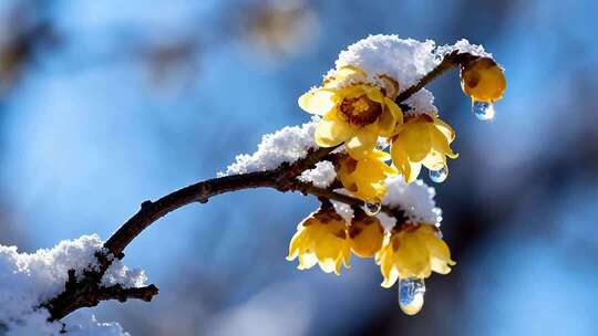 枝头雪覆黄色梅花特写