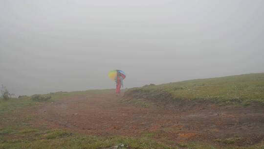 南印度妇女举着雨伞在山顶行走视频素材模板下载