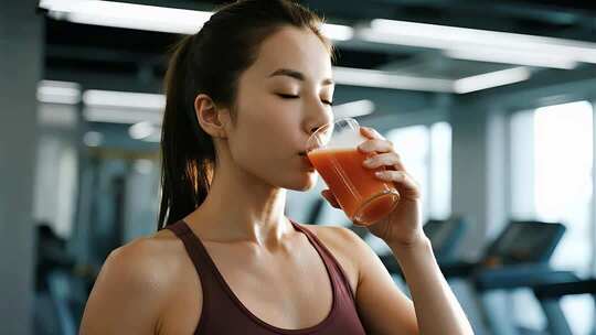 女孩健身房喝果汁健康生活方式视频