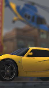 黄色跑车和直升机在城市3D动画垂直