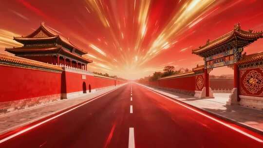 背景片头中国风大气开场 国潮红绸道路国庆