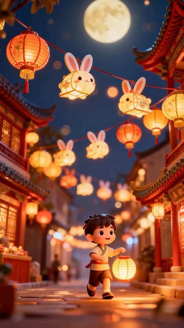 古风街道孩童提灯笼画面