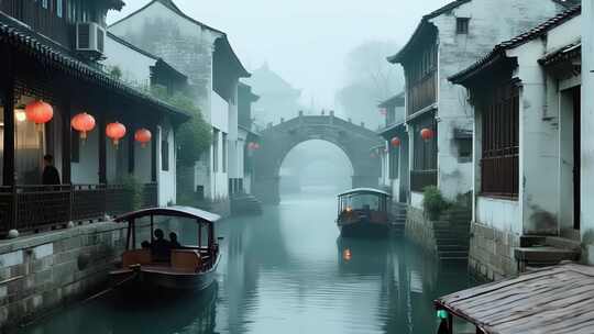 江南水乡古镇河道与游船景象