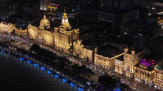 上海城市风光俯视外滩夜景航拍