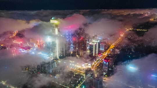 南宁东盟商务区雨后云海夜景航拍延时